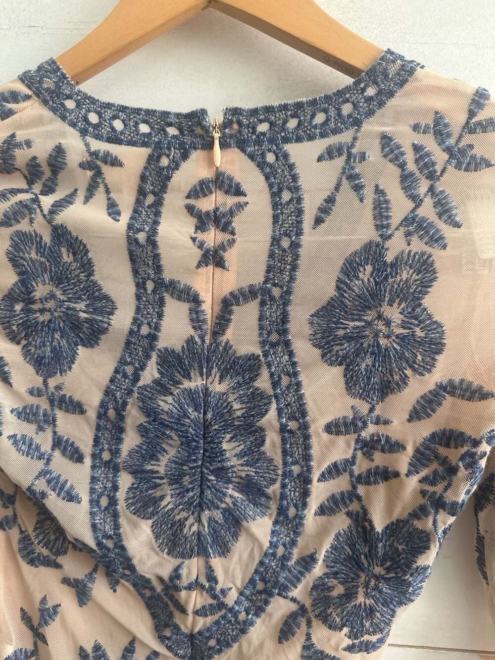Honey Punch Blue Floral Embroidered Mesh Long Sleeve Bodysuit, Size XS - Picture 6 of 6
